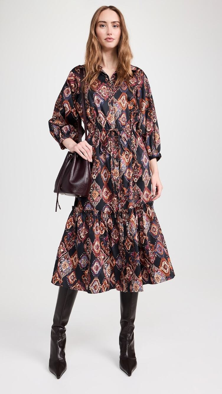 Cara Cara Hutton Print Midi Shirt Dress in Black Aura S